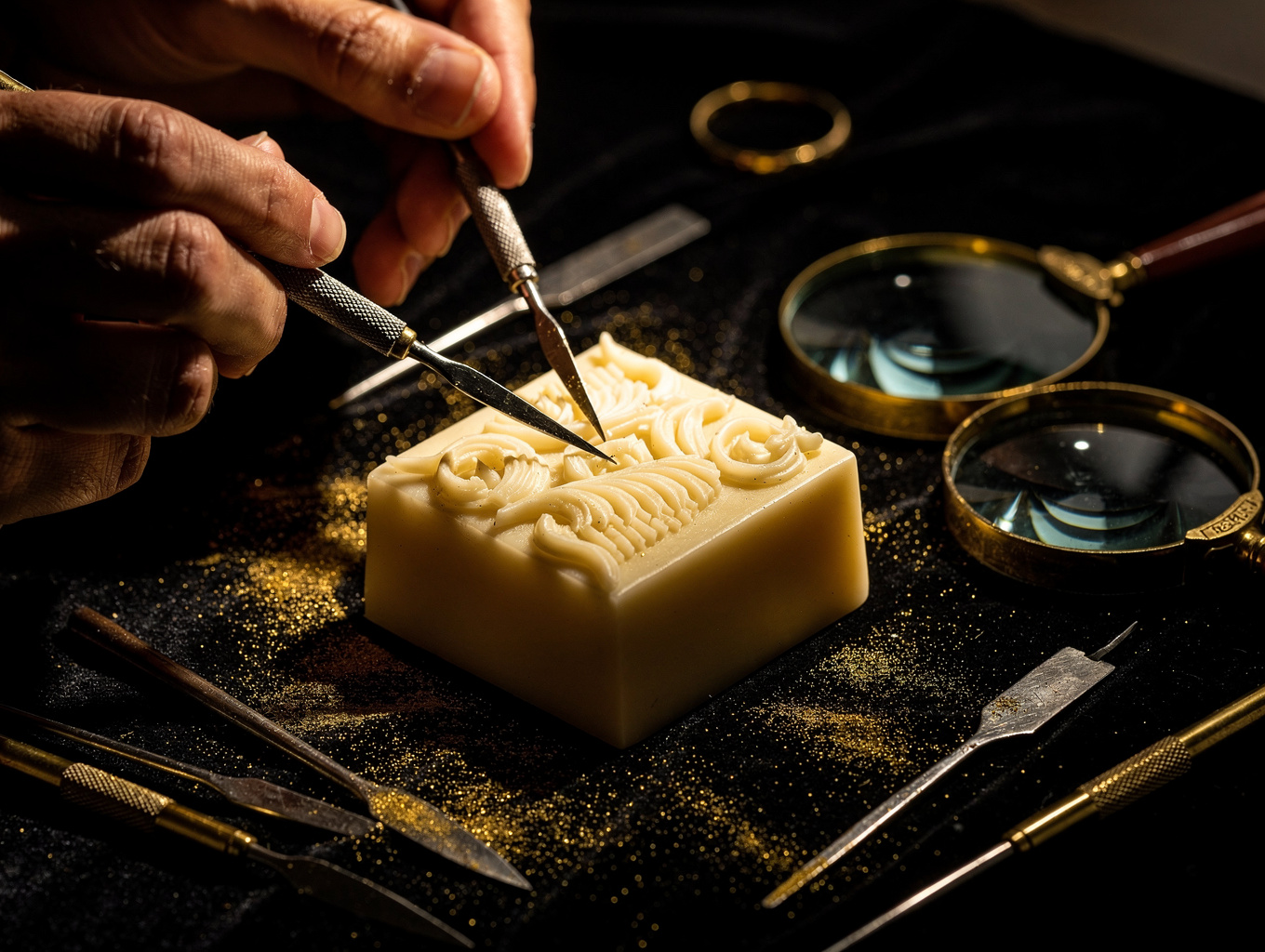 Silversmith carving intricate tactile textures on silver jewelry